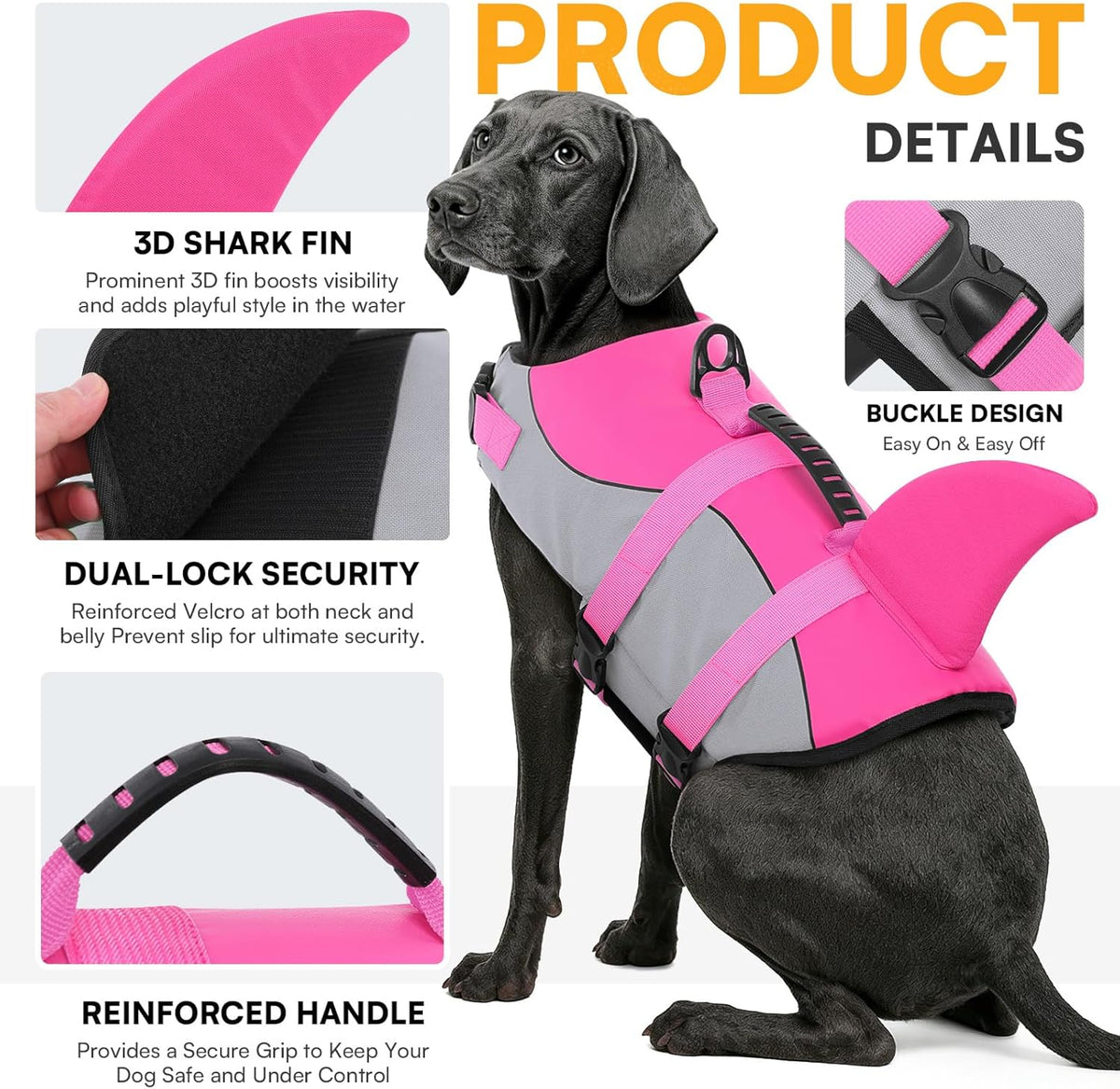 Dog Life Jacket Ripstop Shark Dog Safety Vest Adjustable Preserver with High Buoyancy and Durable Rescue Handle for Small,Medium,Large Dogs, Pink Shark X-Small
