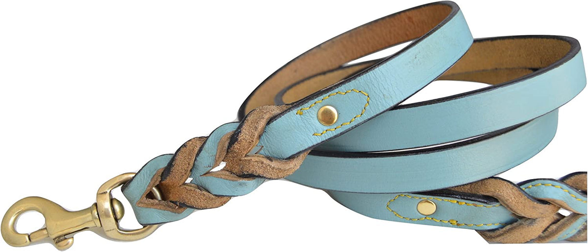 Heavy Duty Leather Braided Dog Leash, 6 Ft X 3/4 Inch, Turquoise with Beige Padded Handle
