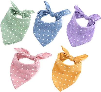 5-Piece Dog Bandanas, Washable Cotton Polka Dots, Reversible, Suitable for Small to Medium Dogs & Cats (Pink+Blue+Yellow+Purple+Green, 17.7 Inches)