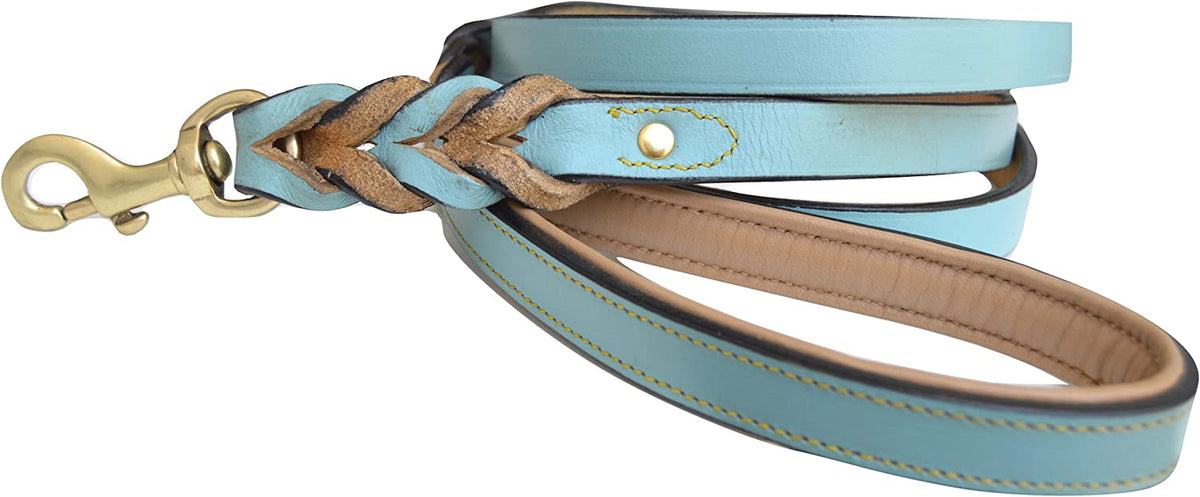 Heavy Duty Leather Braided Dog Leash, 6 Ft X 3/4 Inch, Turquoise with Beige Padded Handle