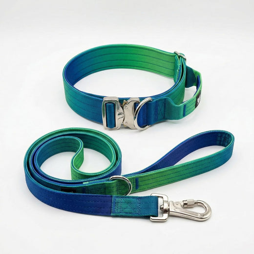 Ocean Wave Tactical Dog Collar and Leash Set – Heavy Duty Nylon, Metal Buckle, Padded Handle, Gradient Color Design – Durable for Large Dogs, Training & Outdoor Walking (L Size)
