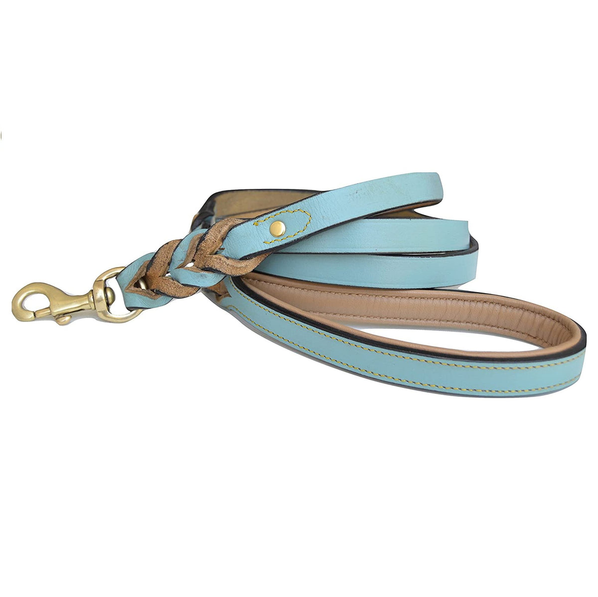 Heavy Duty Leather Braided Dog Leash, 6 Ft X 3/4 Inch, Turquoise with Beige Padded Handle